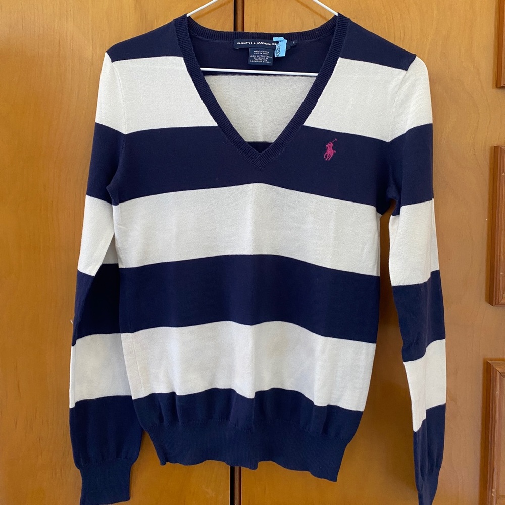 Ralph Lauren Sport Navy Blue and White Striped Long Sleeve Shirt
